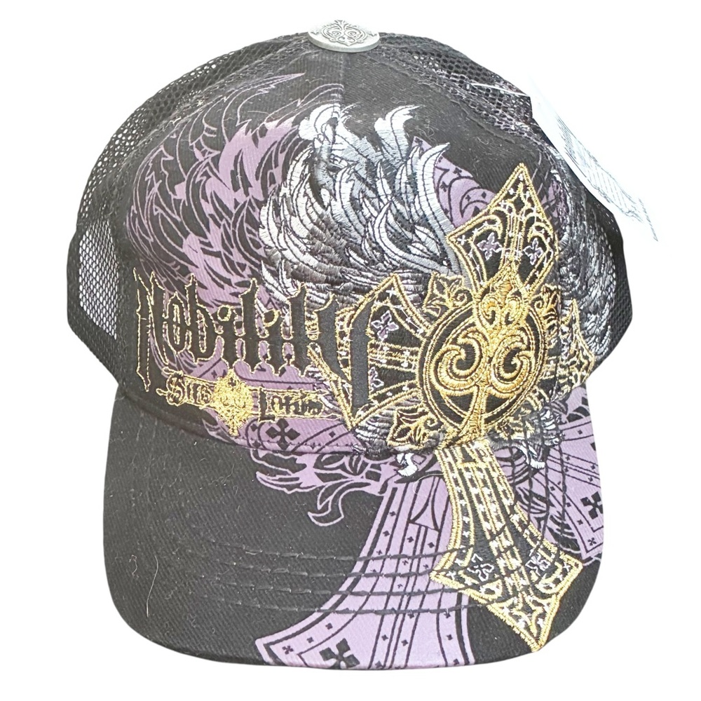 Nobility‎ Black Embroidered Cross Wings Printed Mesh SnapBack Trucker Hat NEW